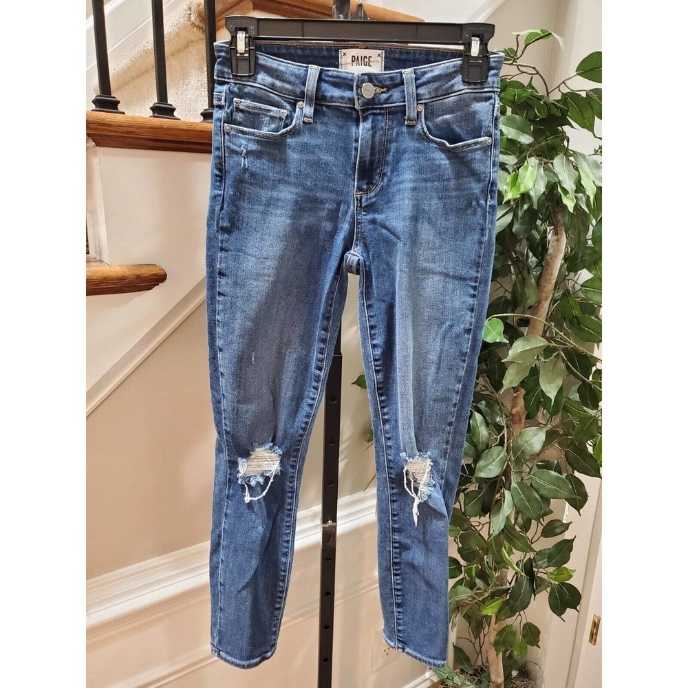 Paige Distressed‎ Blue Denim Cotton Mid Rise Skinny Legs Casual Jeans Pant 25